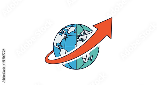 A blue and green globe, representing the Earth, is encircled by a bold orange upward-curving arrow, set against a clean white background.