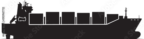 cargo ship, container vessel, freight boat, black silhouette, vector illustration