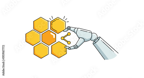 A slender, outlined robotic arm is delicately placing a yellow hexagonal tile featuring a share icon into a glowing honeycomb structure.