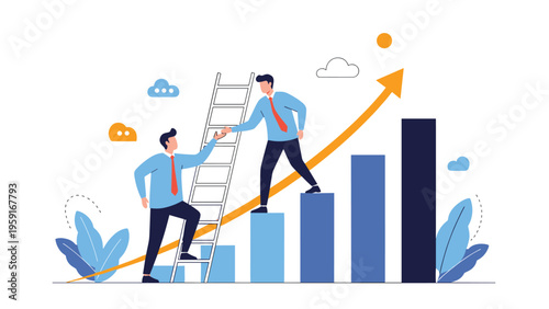 Two business people helping each other climb a growing bar chart using a ladder to represent success and growth.