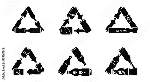 Recycling symbol constructed from plastic bottles and aluminum cans