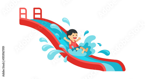 Happy Boy Sliding Down Water Slide with Splashing Water