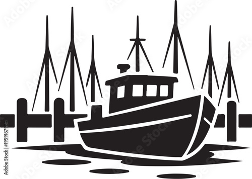 Black boat icon, docked vessel, harbor silhouette, nautical graphic