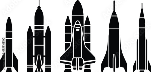 Rocket collection vector icon set, black and white silhouettes of rockets, space shuttles, and missiles for aerospace technology, science, exploration, and transport design projects.