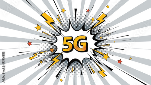 High speed 5G telecommunication technology symbol with lightning bolts and stars designed in a retro comic book style on rays.