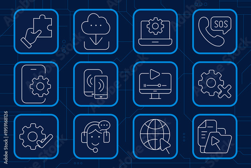 Advertising set icon. Shopping cart ad, megaphone, analytics dashboard, web promotion, price tag, thumb up, mobile ad, television ad, hashtag, banner stand, click gesture, target ad