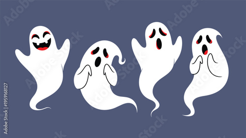 Set of four cute cartoon ghosts with different facial expressions isolated on a dark blue background for Halloween celebrations.