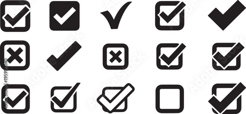 Checkmarks and checkboxes icons in black and white colors