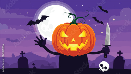 Spooky Halloween night scene with a pumpkin headed monster holding a knife in a cemetery under a bright full moon with bats.