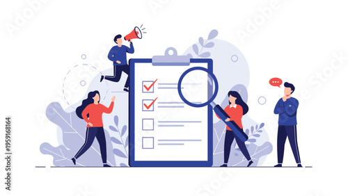 Collaborative business team managing a giant project checklist with a magnifying glass to ensure task completion and quality control.