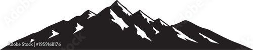 Black mountain range silhouette, snow-capped peaks, vector landscape icon, graphic design element