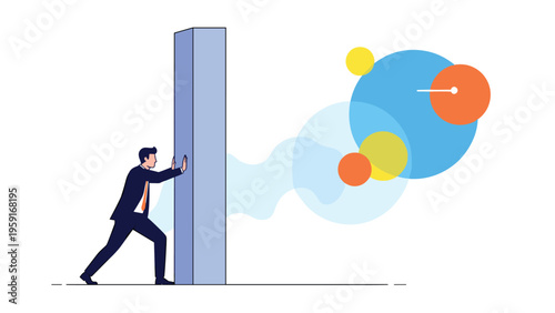 Determination in business shown by a man pushing a heavy vertical block while colorful abstract shapes float in the background.