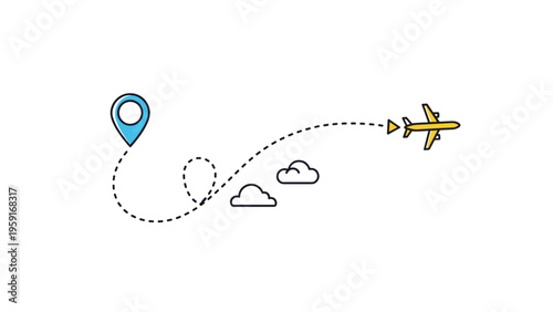 Travel route map concept with a yellow airplane flying between a blue location pin and clouds along a curved dashed line path.