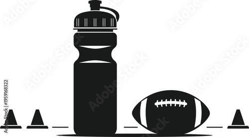 Black silhouette of a sports water bottle, an american football, and training cones isolated on white background