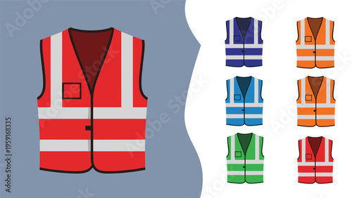 Collection of high visibility safety vests in multiple colors with reflective tape for construction site safety and emergency workers.