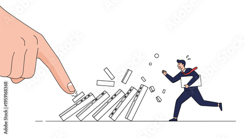 Giant finger pushing a row of dominoes causing a chain reaction that scares away a businessman representing financial collapse.