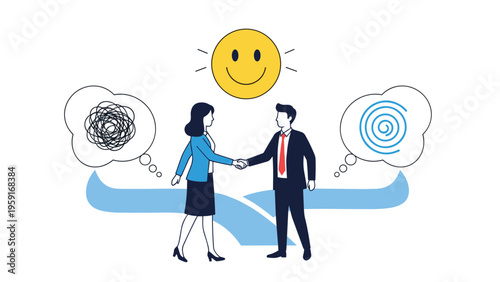 Professional man and woman shaking hands under a smiling sun icon symbolizing a successful business partnership and agreement.