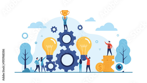 Integrated business success illustration featuring gears light bulbs and people standing on money stacks for industrial innovation.