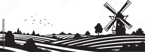 Black silhouette windmill, rural landscape vector, countryside scene, farm icon