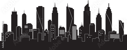 City skyline, urban landscape, black silhouette, modern cityscape, vector illustration