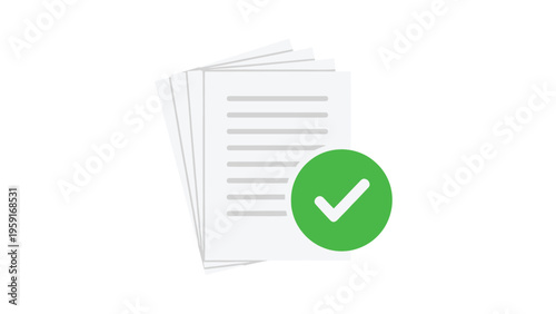 Stack of document pages with a large green check mark symbol indicating successful approval or completion of tasks.