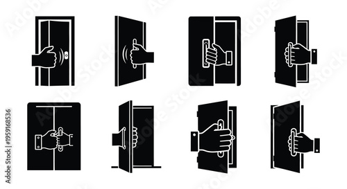 Series of black and white icons depicting hands interacting with doors