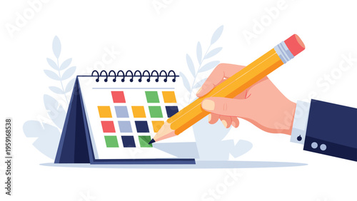 Hand of a businessman marking an important date or appointment on a desk calendar with a yellow pencil illustration.
