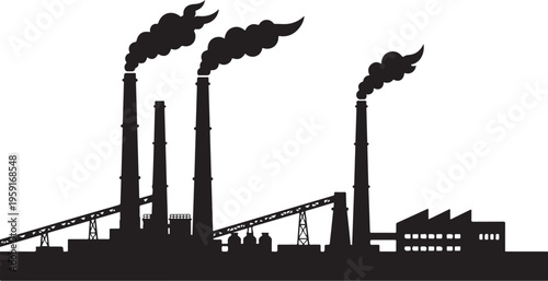 Industrial factory, smokestack, silhouette, pollution, industrial landscape, black vector icon