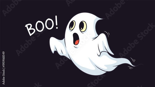Friendly white cartoon ghost flying through the air and saying boo on a dark black background for halloween theme.