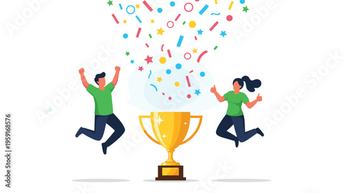 Man and woman jumping with joy behind a large gold trophy cup with colorful confetti celebrating a team victory success.