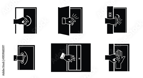 Series of black and white icons depicting hands interacting with doors