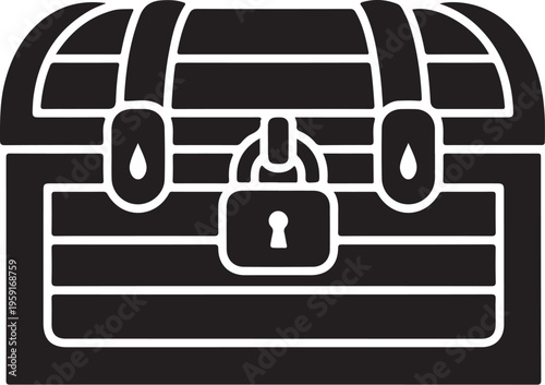 Black treasure chest icon, locked trunk symbol, vintage chest illustration, secure box graphic