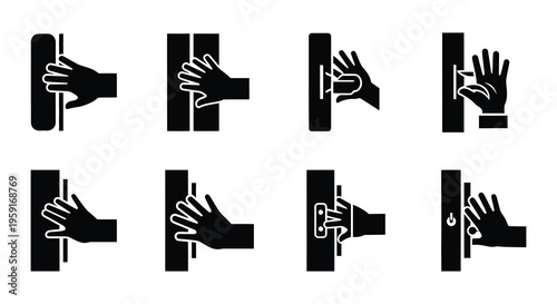 Series of black and white icons depicting hands interacting with doors