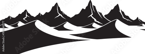 Black mountain range silhouette, landscape vector graphic, scenic mountainscape, iconic peaks