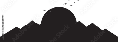 Black mountain landscape silhouette, sunrise, birds flying, vector graphic