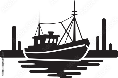 Fishing boat silhouette, harbor vector icon, black nautical symbol, watercraft illustration