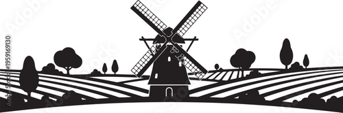 Black windmill silhouette, rural landscape icon, countryside farm symbol, vector illustration