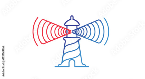 A blue outlined lighthouse with a striped base emits concentric red and blue signal waves from its top, set against a pristine white background.