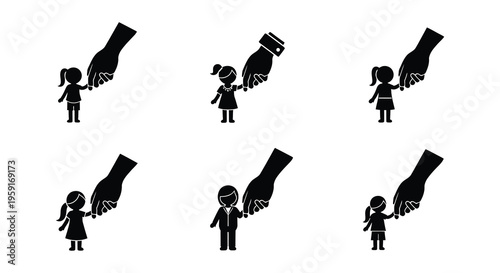 Diverse hands connecting in various symbolic handshake illustrations