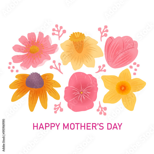 Happy Mothers Day Greeting Card Template with Cute Hand Drawn Floral Row, Bright Spring Flowers Arrangement, Modern Minimal Design for Banner Poster Flyer and Social Media