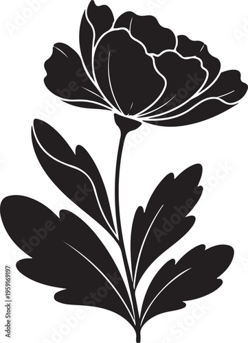 Black flower icon, floral silhouette, white outline, decorative plant