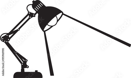 Black desk lamp, adjustable arm, modern minimalist design, office lighting, vector illustration