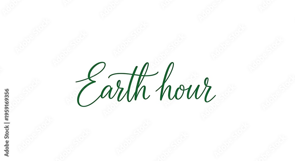 Fototapeta premium Elegant green script text 'Earth hour' on a clean white background, symbolizing environmental awareness and global action for sustainability.