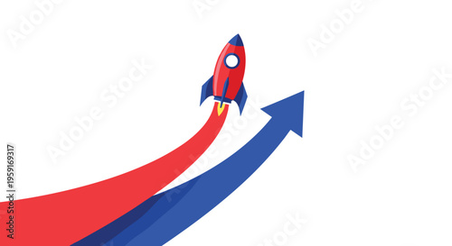 A stylized red rocket with blue fins launches upwards, leaving a red exhaust trail, next to a solid blue upward-pointing arrow on a pristine white background.