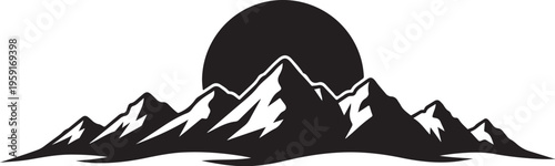 Mountain range silhouette, sunset landscape, black and white vector, scenic illustration