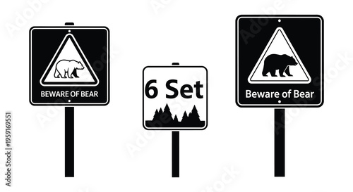Warning signs depicting bears and a set of various bear related items