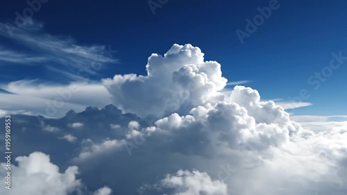 Fluffy white clouds drift across a clear blue sky