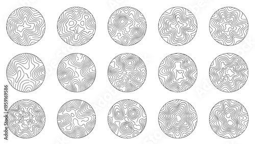 Set of fifteen abstract topographic contour maps enclosed in circles representing terrain elevations or fingerprints.