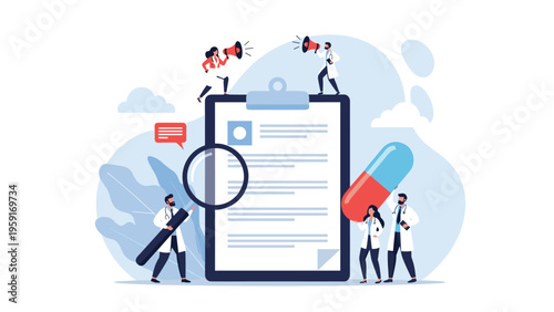 Team of medical professionals working together around a giant clipboard with a magnifying glass, megaphone, and giant pill.
