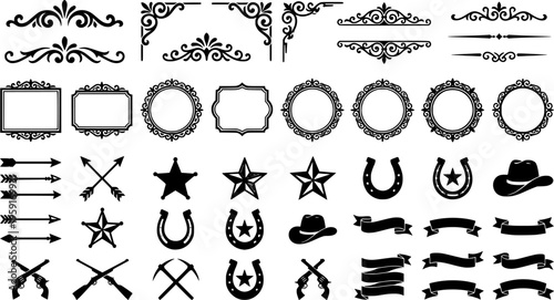 A large collection of old western design elements, embellishment, borders and divider lines.
